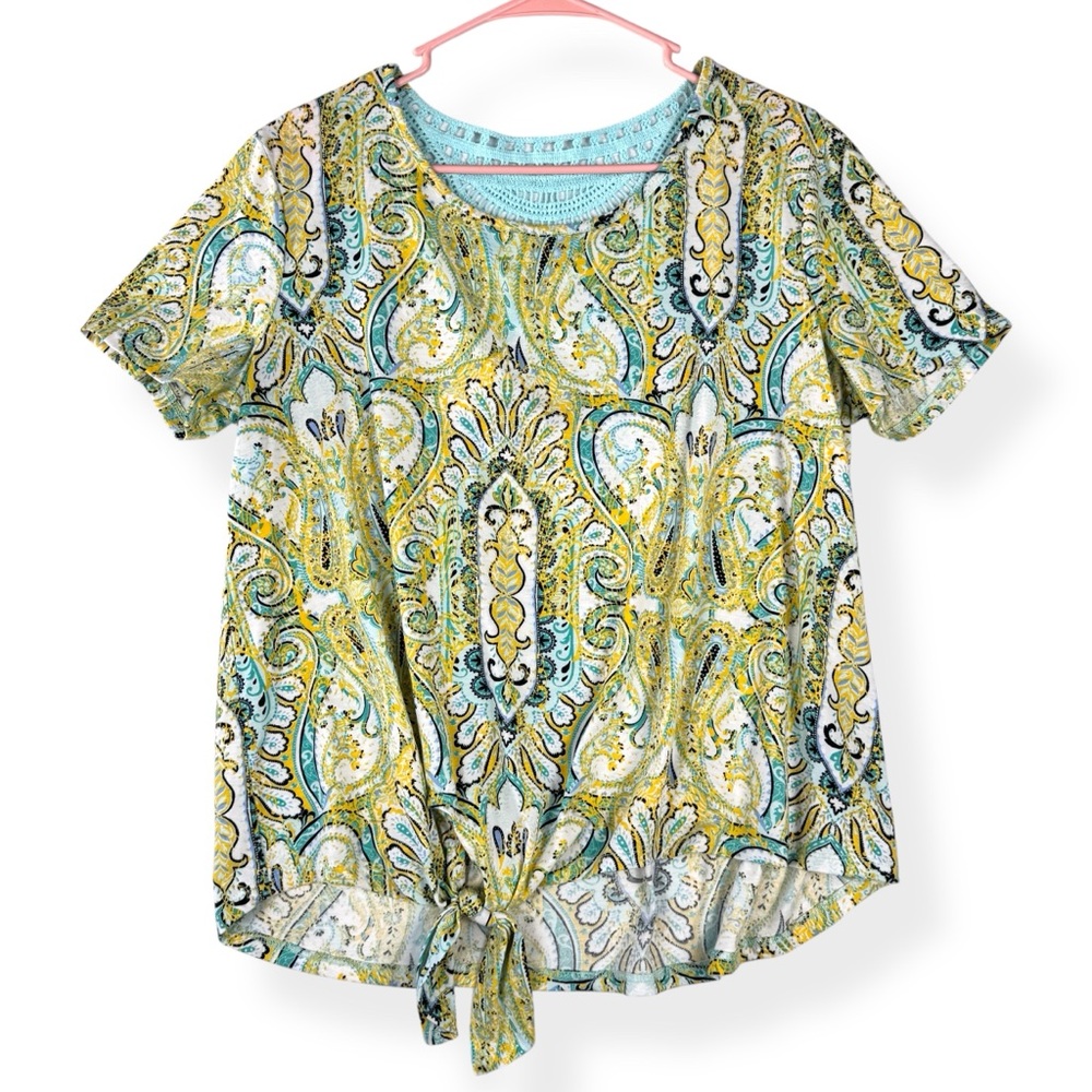 New Directions Top Womens L Large Turquoise Yellow Short Sleeve Tie Front